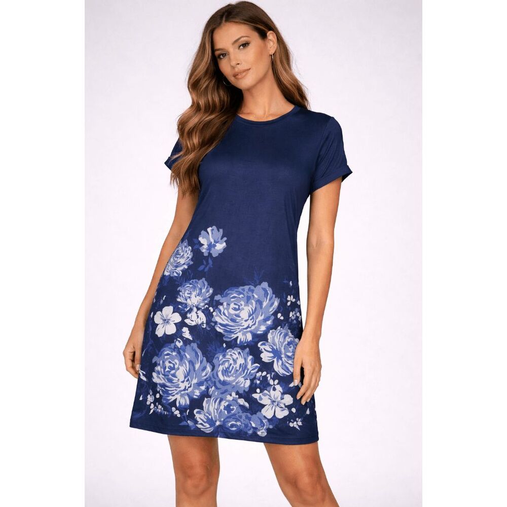 Navy Floral Short Sleeve Shift Dress